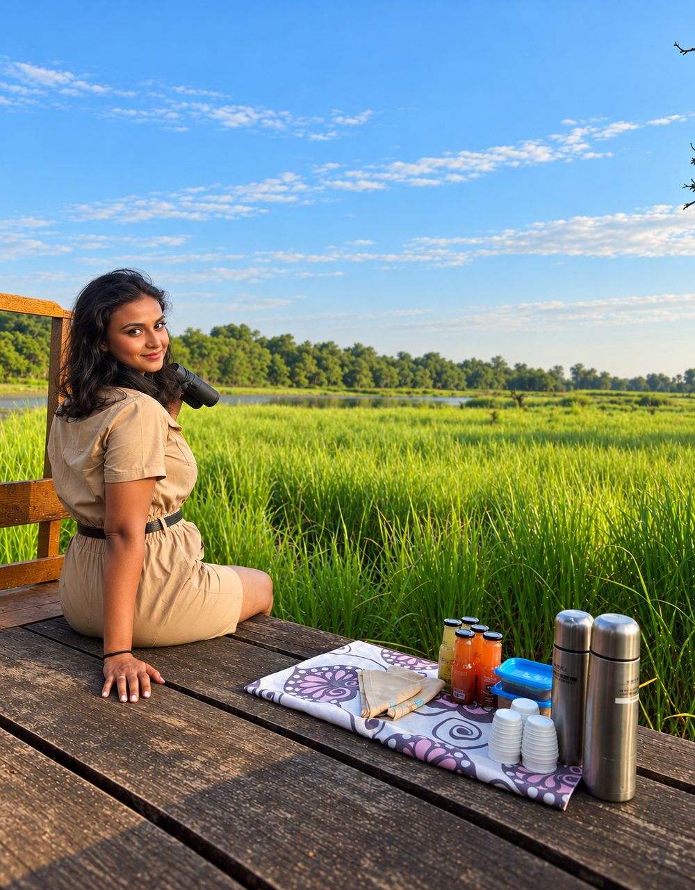Honey Dhawan seated on a wooden deck above tall green grassland and a quiet wetland, binoculars in hand, with flasks and a picnic cloth beside her