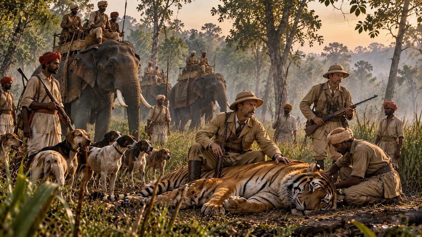 Illustration of a colonial-era hunting party with elephants, dogs, mahouts and trackers beside a dead tiger in sal forest