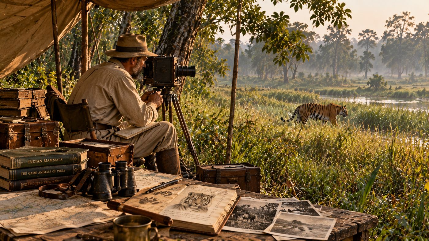 Illustration of an early twentieth-century naturalist with a plate camera on a tripod watching a tiger cross a misty grassland