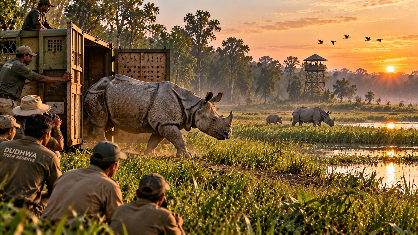 Illustration of a greater one-horned rhinoceros stepping out of a transport crate into grassland at sunrise, watched by field staff