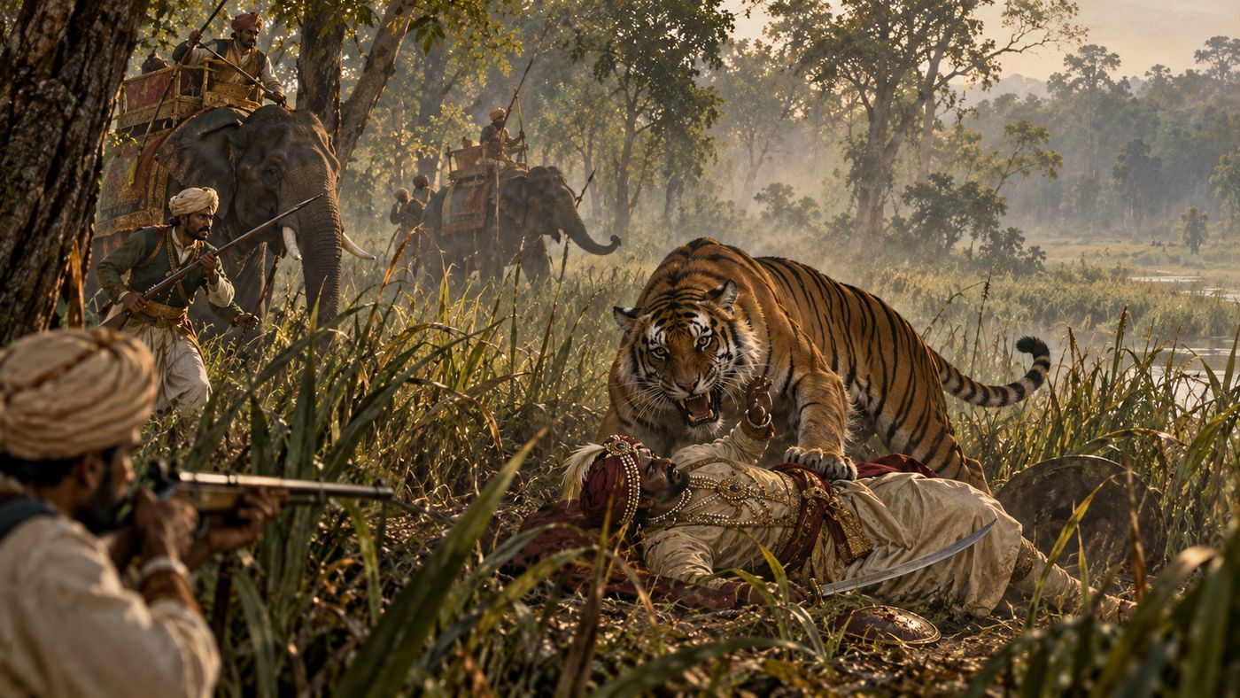 Illustration of a royal tiger hunt in the Terai: a tiger stands over a fallen Raja in tall grass while attendants with guns and spears and hunting elephants close in