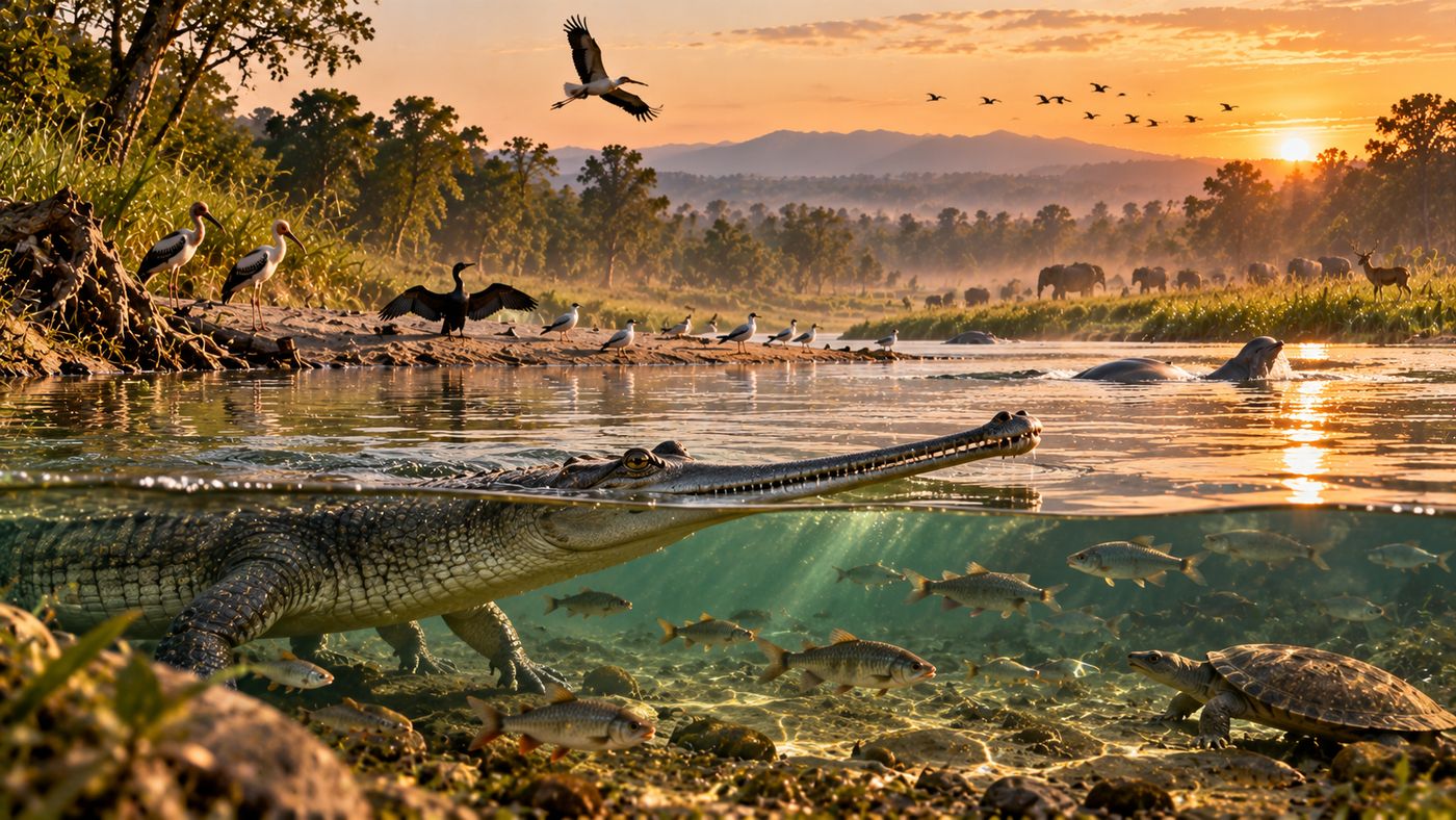 Illustration of a gharial at the surface of a Terai river with fish and a turtle below, river birds on a sandbank and a dolphin surfacing
